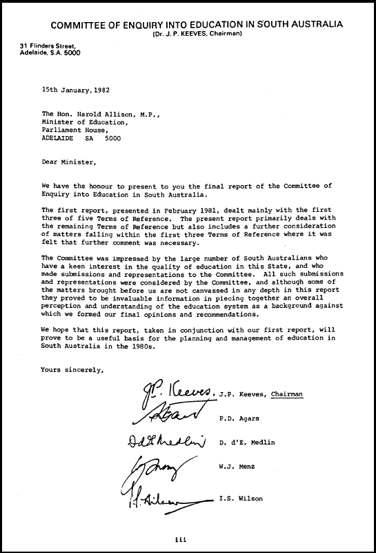 Keeves Report (1982) Chairman Letter