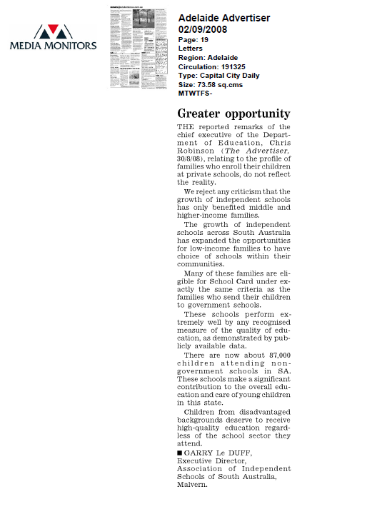 Adelaide Advertiser article 02/09/2008