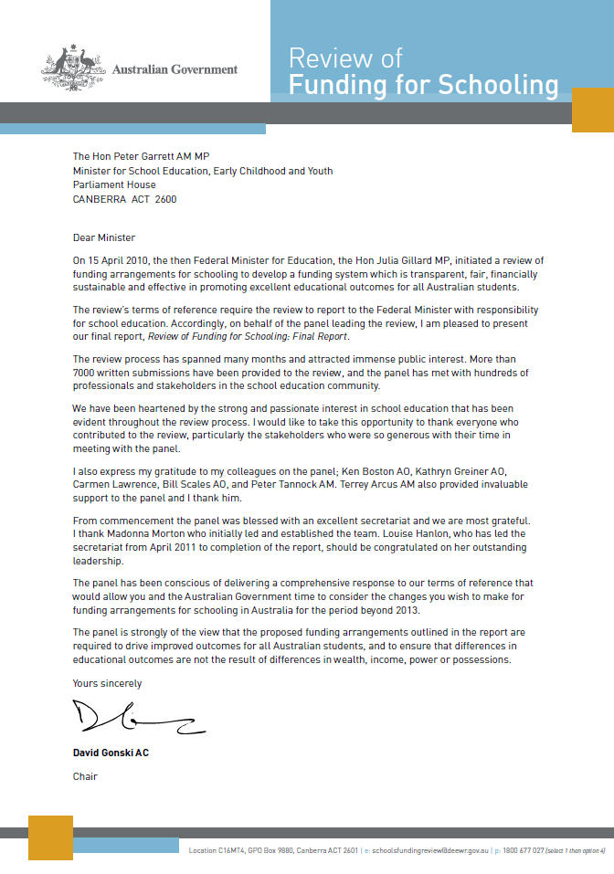 Gonski Report letter 2011